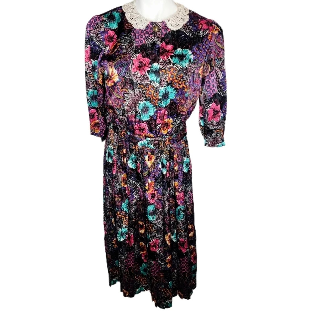 VNTG Cottage Core Lace Collar Midi Housewives Dress - Sz 10